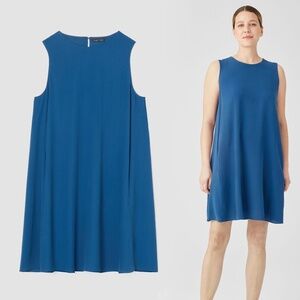 EILEEN FISHER Silk Georgette Crepe Round Neck Dress in Atlantis Blue Size XL